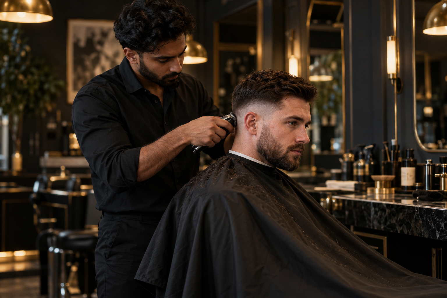 Conceptual brand image of a barber carefully refining a client’s fade in a warmly lit studio